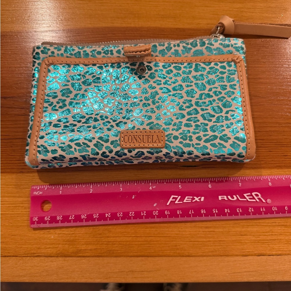 Consuela Teal Leopard Print Wristlet with Tan Trim